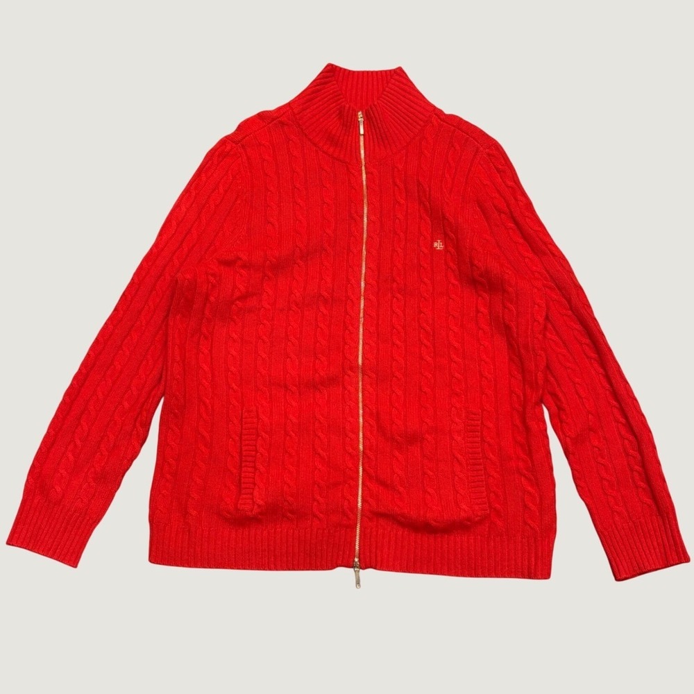 Ralph Lauren L-RL Red Cashmere Cable Knit Full Zip Cardigan Sweater 1X Preppy